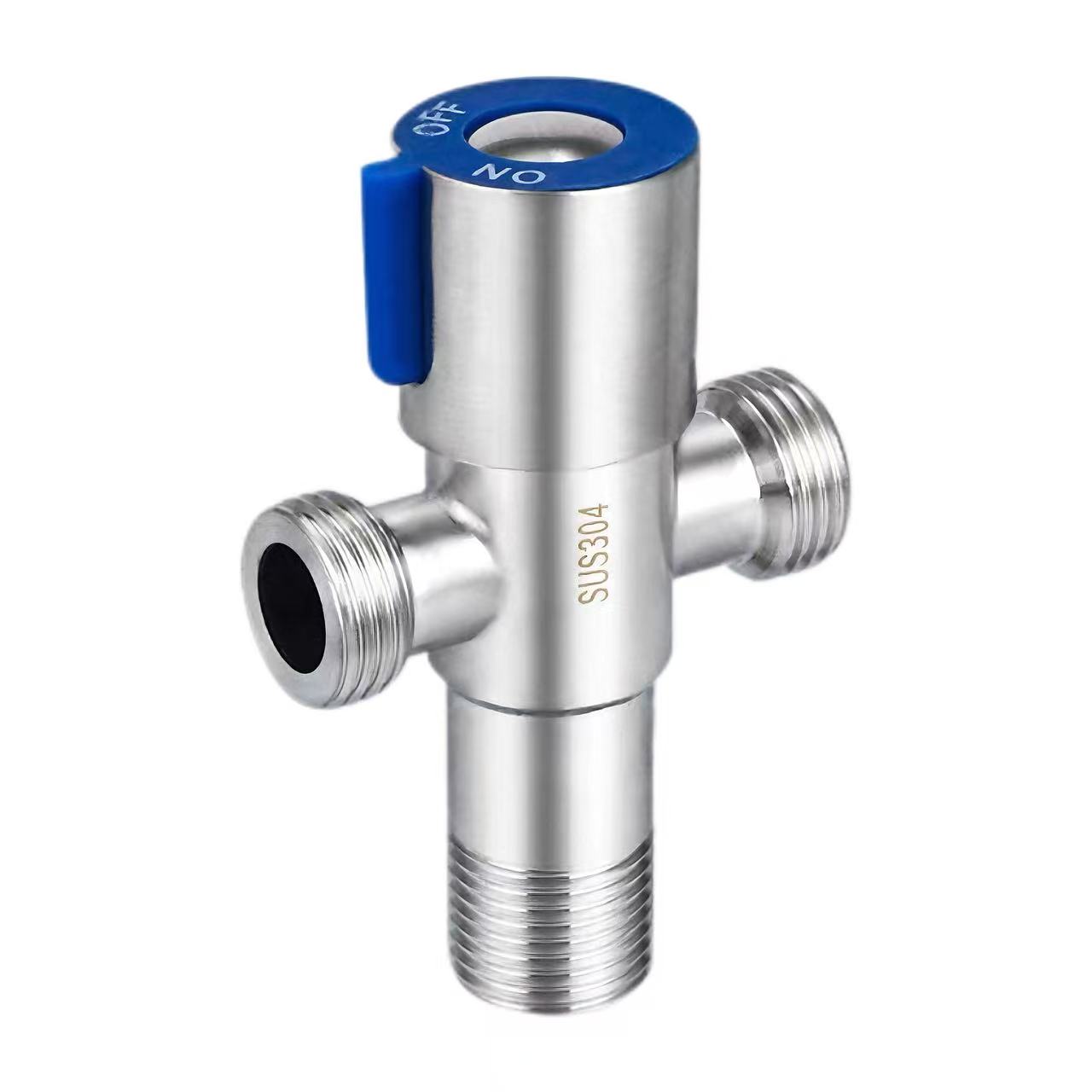 Vàlvula d'angle de tres vies de doble sortida de 180° amb mànec blau