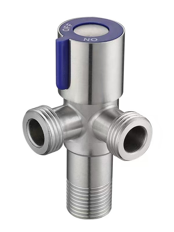 Vàlvula d'angle de tres vies de doble sortida de 90° amb mànec blau