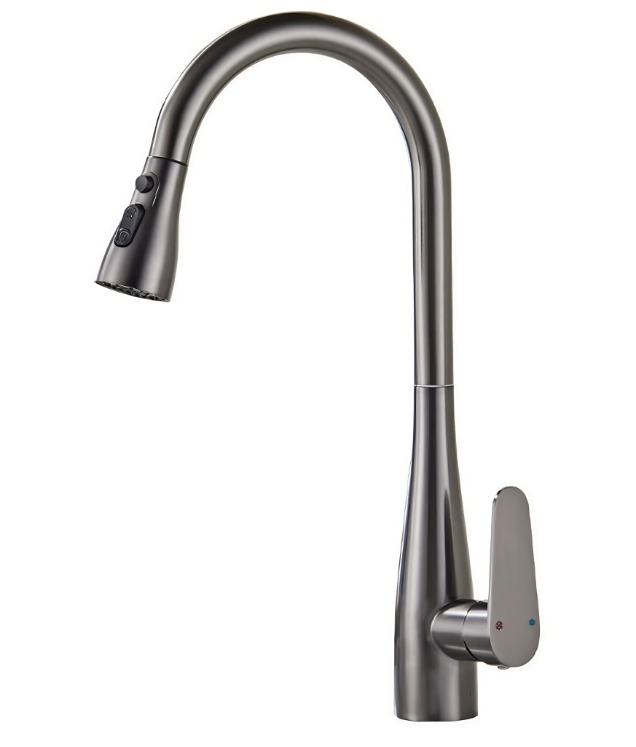 Aixeta extraïble de cuina calenta i freda de coll de cisne d'arc alt gris metall Aixeta extraïble de cuina calenta i freda de coll de cisne d'arc alt gris metall